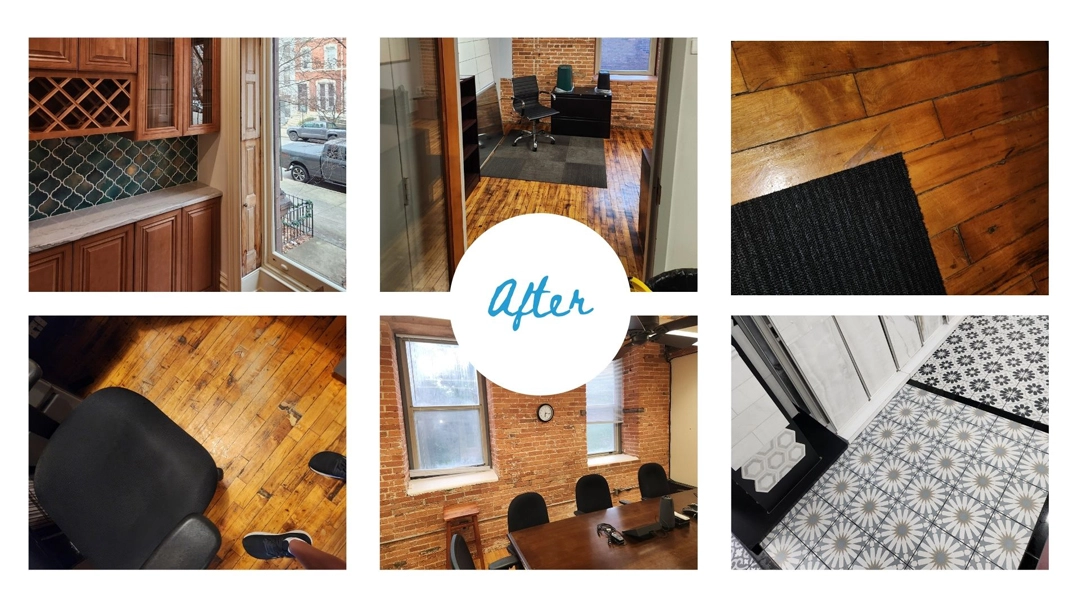 A photo collage labeled "After" shows six different images of clean interiors, including polished wood floors, tidy office spaces, a kitchen counter, and tile samples.