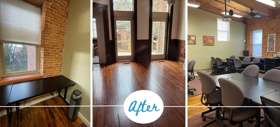 12 Renovated workspace featuring warm wooden floors, exposed brick, a desk, and a collaborative meeting area with modern furnishings.