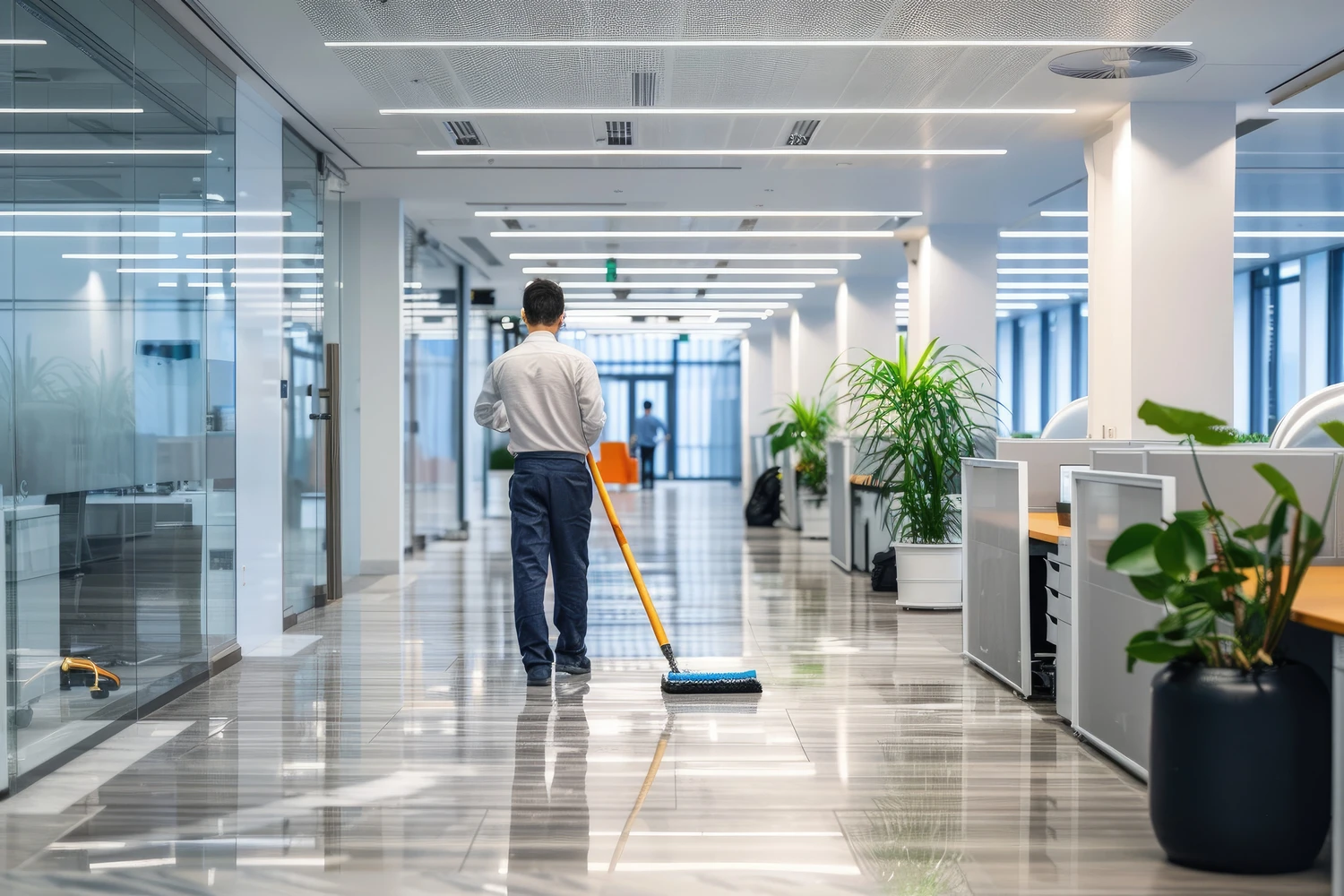 A dedicated janitor diligently mops the gleaming floor of a modern office space