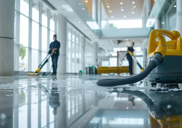 Two workers clean a shiny, modern lobby with industrial vacuum cleaners, reflecting bright natural light from large windows